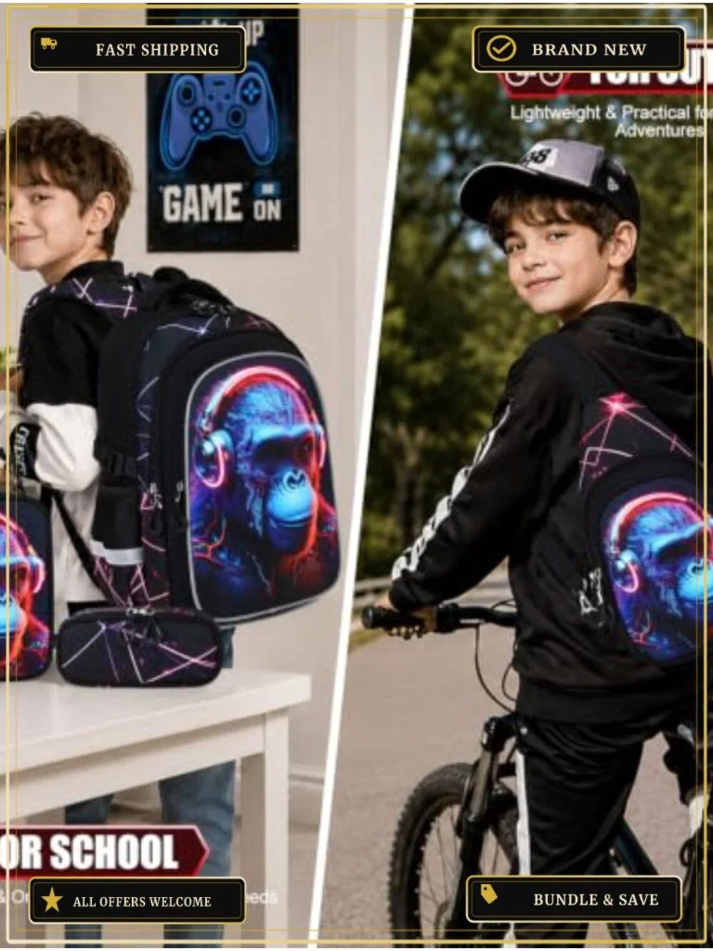 4-Piece Kids Backpack Set for Boys, Gaming Design, Insulated Lunch Bag, Sling